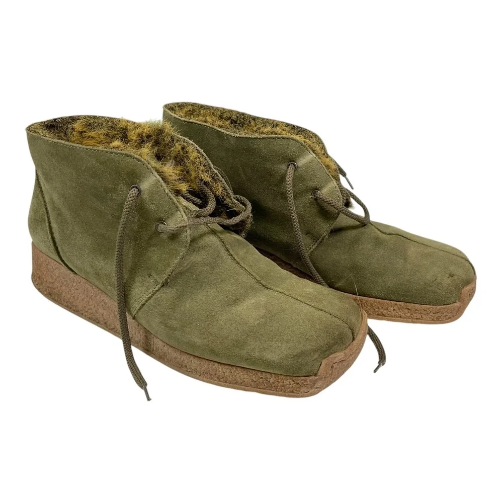Aquatalia 8 Green Suede Weatherproof Faux Fur Lined Ankle Boots Gorpcore Cabin